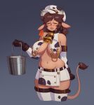  1girl absurdres animal_ears animal_print black_gloves breasts brown_hair bucket cleavage cow_ears cow_girl cow_horns cow_print cow_tail dark-skinned_female dark_skin elbow_gloves facing_viewer glasses gloves hat highres holding holding_bucket horns large_breasts lips milk multicolored_clothes multicolored_gloves navel original pince-nez riz short_hair solo tail thighhighs white_gloves white_headwear white_legwear 