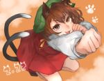  1girl animal_ears brown_eyes brown_hair cat_ears cat_tail chen earrings green_headwear hat highres jewelry long_sleeves looking_at_viewer mob_cap multiple_tails nekomata open_mouth red_skirt shidaccc short_hair skirt skirt_set solo tail touhou two_tails 