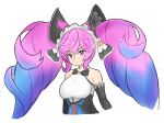  1girl bare_shoulders bell black_bow blue_hair blunzed bow bowtie breasts cleo_(dragalia_lost) closed_mouth commentary cropped_torso detached_sleeves dragalia_lost expressionless eyebrows_visible_through_hair frilled_bow frills gradient_hair hair_bow large_breasts looking_at_viewer maid_headdress multicolored_hair purple_eyes purple_hair simple_background solo twintails upper_body white_background 