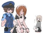  3girls ? alternate_costume apron back_bow bangs belt black_belt black_dress black_skirt blue_eyes blue_pants blue_shirt bound bound_wrists bow brown_eyes brown_hair clipboard closed_eyes closed_mouth commentary cosplay cuffs dress dress_shirt enmaided frilled_dress frills frown girls_und_panzer grey_shirt handcuffs hat highres holding holding_clipboard holding_leash itsumi_erika kuromorimine_school_uniform leash long_sleeves looking_at_another looking_back maid maid_apron maid_headdress medium_hair miniskirt multiple_girls nishizumi_maho nishizumi_miho open_mouth pants peaked_cap pleated_skirt police police_hat police_uniform pouch puffy_short_sleeves puffy_sleeves ri_(qrcode) school_uniform shirt short_dress short_hair short_sleeves siblings silver_hair simple_background sisters skirt standing tearing_up translated uniform white_apron white_background white_bow 