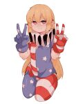  1girl :3 american_flag american_flag_legwear american_flag_print blonde_hair bright_pupils closed_mouth clownpiece doro_au double_v eyebrows fang fang_out flag_print gloves highres looking_at_viewer red_eyes smile solo thick_eyebrows touhou v white_pupils 