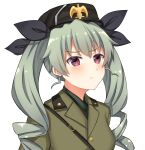  1girl :t anchovy_(girls_und_panzer) bangs belt benito_mussolini benito_mussolini_(cosplay) beret black_headwear black_ribbon black_shorts closed_mouth commentary cosplay dress_shirt drill_hair english_commentary eyebrows_visible_through_hair frown girls_und_panzer green_hair grey_jacket hair_ribbon hat highres insignia jacket long_hair looking_at_viewer military military_hat military_uniform portrait red_eyes ribbon sam_browne_belt shirt shorts simple_background solo starguard twin_drills twintails uniform white_background 