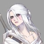  1girl ciri collarbone green_eyes lips long_hair sakamoto_mineji scar scar_across_eye scar_on_face silver_hair simple_background solo sword the_witcher_(series) the_witcher_3 weapon yellow_eyes 