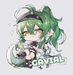  1girl arknights bangs black_footwear character_name chibi chinese_commentary closed_mouth commentary_request crocodilian_tail crossed_legs cup drink drinking_glass fang fang_out food fruit full_body gavial_(arknights) green_hair grey_background hair_between_eyes holding holding_cup holding_drink holding_eyewear jacket lime_(fruit) lime_slice long_hair looking_at_viewer official_alternate_costume pointy_ears ponytail simple_background sitting smile solo sparkle sunglasses swimsuit visor_cap white_jacket yellow_eyes yusa_(yusa0751) 