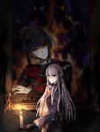  1girl baegmi_(baekmironpa) bangs black_gloves black_hair black_nails black_ribbon braid candle celestia_ludenberg danganronpa:_trigger_happy_havoc danganronpa_(series) dark expressionless from_side gloves hair_ribbon highres holding holding_candle jacket kirigiri_kyouko long_hair looking_at_viewer looking_to_the_side nail_polish necktie open_clothes open_jacket pleated_skirt portrait_(object) red_eyes ribbon skirt smile solo standing symbol-only_commentary 