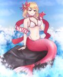  1girl alternate_costume arm_support azur_lane bangs bare_shoulders bikini bikini_top_only blonde_hair blue_sky braid breasts cleavage collarbone crown_braid earrings english_commentary eyebrows_visible_through_hair full_body hair_ornament highres holding jewelry looking_at_viewer medium_breasts medium_hair mermaid monster_girl navel ocean open_mouth parted_lips prince_of_wales_(azur_lane) pumpkinpaii red_eyes shell shell_bikini simple_background sitting sky smile solo starfish stone swimsuit teeth water white_bikini 
