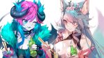  ;d animal_ear_fluff animal_ears bandaid bandaid_on_face bandaid_on_nose bangs bare_shoulders black_dress blue_eyes blue_hair blue_nails bottle breasts chopsticks cleavage collar demon_horns demon_tail dress eyebrows_visible_through_hair fingerless_gloves flower fream_(vtuber) fur-trimmed_jacket fur_trim gloves holding holding_bottle holding_chopsticks horns indie_virtual_youtuber jacket kasumi_komo large_breasts long_hair long_sleeves looking_at_another multicolored_hair nail_polish one_eye_closed pink_flower pink_hair purple_hair silvervale smile spiked_collar spikes tail tail_raised tiara two-tone_hair virtual_youtuber vshojo wolf_ears wolf_tail 