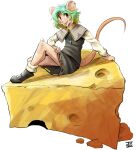  2022 anthro carpetwurm cheese clothed clothing conditional_dnp cosplay crossdressing dairy_products dress ear_piercing ear_ring food footwear hair hi_res male mammal mouse murid murine nazrin open_mouth piercing rodent shoes signature smile solo toofy_(character) touhou video_games 