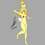 animal_crossing anthro brown_eyes canid canine canis cosmosarts domestic_dog erect_nipples female fur hi_res isabelle_(animal_crossing) mammal nintendo nipples nude red_nipples solo video_games yellow_body yellow_fur 