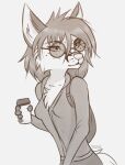  anthro breasts canid canine cassidy_(ruth66) chest_tuft clothing container cup ears_up eyewear female fingers fox freckles glasses hi_res holding_cup holding_object mammal ruth66 solo tuft 