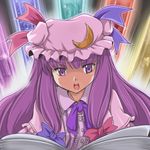  book flx hat lowres open_mouth patchouli_knowledge purple_eyes purple_hair reading solo touhou 
