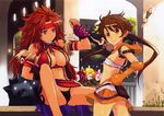  absurdres artist_request breasts brown_hair cleavage elbow_gloves flat_chest food fruit gloves grapes highres large_breasts monkey multiple_girls no_panties nowa queen's_blade risty ruu_(queen's_blade) staff twintails 