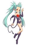  aqua_hair bat_wings demon_girl dina fang flat_chest highres kneehighs long_hair navel official_art ootsuka_shin'ichirou pointy_ears socks solo summon_night summon_night_swordcraft_story_2 tail thighhighs twintails wings 