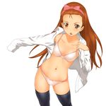  a1 absurdres blush bra brown_eyes brown_hair hairband highres idolmaster idolmaster_(classic) idolmaster_1 lingerie long_hair midriff minase_iori navel open_clothes open_mouth open_shirt panties shirt solo standing thighhighs underwear undressing white_panties 