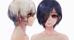  1boy 1girl bare_shoulders closed_mouth collarbone commentary_request eyebrows_visible_through_hair face from_side hair_between_eyes hair_over_one_eye highres kaneki_ken kirishima_touka lips long_eyelashes looking_at_another megane_shinchuu one_eye_covered open_eyes open_mouth out_of_frame purple_hair red_eyes short_hair simple_background smile tokyo_ghoul tokyo_ghoul:re white_background white_hair 