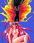  1girl blue_eyes blush elf fire flames ikazuchi_no_senshi_raidy lightning_warrior_raidy lowres naked nude on_fire pink_hair pointy_ears simple_background 
