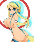  anal anal_tail ass bad_id bad_pixiv_id blonde_hair blue_eyes breasts butt_plug fake_tail harikono heroman huge_breasts lina_davis object_insertion slingshot_swimsuit solo swimsuit tail 