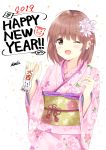  1girl 2019 7_calpis_7 ;d bangs blush brown_eyes brown_hair chinese_zodiac commentary_request eyebrows_visible_through_hair fang fingernails floral_print hair_between_eyes happy_new_year highres holding japanese_clothes kimono long_hair long_sleeves looking_at_viewer nengajou new_year obi omikuji one_eye_closed open_mouth original pink_kimono print_kimono sash smile solo wide_sleeves year_of_the_pig 