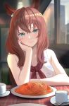  1girl animal_ears arm_rest bangs breasts brown_hair chigemisoneki cleavage cup diner ear_ornament eyebrows_visible_through_hair floral_print food green_eyes head_rest highres horse_ears horse_girl indoors large_breasts long_hair looking_at_viewer maruzensky_(umamusume) mug pasta plate red_neckwear sitting sleeveless smile solo spaghetti spoon tank_top umamusume white_tank_top 