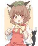  1girl absurdres animal_ear_fluff animal_ears blush bow bowtie brown_eyes brown_hair cat_ears cat_tail chen earrings eyebrows_visible_through_hair fang green_headwear hat highres jewelry long_sleeves looking_at_viewer mob_cap multiple_tails nekomata open_mouth ryoku_sui shirt short_hair single_earring smile solo tail touhou two_tails vest white_neckwear white_shirt 