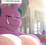  2022 anthro big_ears cover_them_up_slut digital_media_(artwork) english_text green_inner_ear hi_res horn male meme multicolored_body muscular muscular_anthro muscular_male nidoking nintendo orionsmaniac_(artist) pecs photo_background pok&eacute;mon pok&eacute;mon_(species) purple_body purple_eyes solo teeth text tusks video_games white_body 