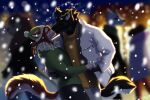  2021 anthro blurred_background bottomwear canid canine canis clothing crowd domestic_dog duo_focus eyes_closed female fur group hi_res jacket kissing male mammal nonbinary_(lore) pants sinalanf skylar_zero snow sweater topwear wolf 