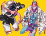  2boys armor astronaut bbbb_fex black_armor black_bodysuit blue_armor blue_eyes blue_mask bodysuit cropped_legs dinosaur dinosaur_tail extra_eyes friends ground_vehicle hand_gesture hand_on_hip hands_in_pockets jacket kamen_rider kamen_rider_revi kamen_rider_revice kamen_rider_vice male_focus mask masked multiple_boys pauldrons pink_armor pink_scarf purple_bodysuit purple_eyes red_eyes revice_driver rex_genome ribbed_bodysuit rider_belt salute scarf sharp_teeth shoulder_armor space_helmet squatting squinting tail teeth train travel tyrannosaurus_rex v vistamp waving white_jacket 