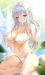  1girl armpits bikini blurry blurry_background breasts cleavage collarbone ear_focus emily_(pure_dream) highres jewelry large_breasts long_hair navel necklace open_mouth original shiny shiny_hair shiny_skin silver_hair sitting smile swimsuit water water_drop 