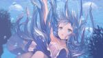  1girl :o bangs blue_eyes blue_hair bow bubble collarbone copyright_request dress flower flower_necklace hair_bow highres jellyfish jewelry long_hair necklace off-shoulder_dress off_shoulder ritsuki sinking solo underwater virtual_youtuber water 