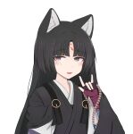  1girl \m/ animal_ears arknights black_hair black_shirt blush dog_ears eyebrows_visible_through_hair facial_mark fang fingerless_gloves forehead_mark gloves hand_up highres japanese_clothes long_hair long_sleeves looking_at_viewer open_mouth purple_eyes purple_gloves saga_(arknights) shirt simple_background solo solution1988 white_background wide_sleeves 