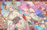  +_+ 2girls ahoge animal_ears bangs bare_shoulders blue_eyes blush braid breasts company_name copyright_name detached_sleeves draph dressing_another dutch_angle egasumi erune flower granblue_fantasy grey_hair hair_flower hair_intakes hair_ornament highres horns japanese_clothes kimono kneeling large_breasts lips long_sleeves multiple_girls obi official_art open_mouth parted_lips pink_hair red_eyes sash sidelocks sleeveless sleeveless_kimono sparkle standing threo_(granblue_fantasy) tien_(granblue_fantasy) twin_braids wide_sleeves 