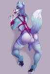  2022 absurd_res anthro anus arms_tied ball_gag balls bdsm blue_penis blvejay bondage bound breasts canid canine canis collar ear_piercing fox gag genitals gynomorph hair hi_res hindpaw hybrid intersex kneeling knot long_hair looking_at_viewer looking_back mammal pawpads paws penis piercing rear_view restraints rope rope_bondage rope_harness shaded simple_background solo tail_tied teeth under_boob wolf 