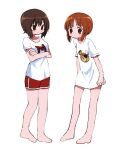  2girls absurdres bangs barefoot boko_(girls_und_panzer) brown_eyes brown_hair closed_mouth commentary crossed_arms dolphin_shorts girls_und_panzer highres light_frown looking_at_another looking_at_viewer loungewear multiple_girls nishizumi_maho nishizumi_miho print_shirt red_shorts ri_(qrcode) shirt short_hair short_sleeves shorts siblings simple_background sisters standing t-shirt white_background white_shirt 