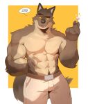  2022 abs anthro belt biceps big_muscles black_eyebrows border bottomwear brown_body brown_fur canid canine canis cilok clothed clothing countershade_fur countershade_torso countershading dialogue diamond_(gem) dreamworks english_text eyebrows front_view fur gem half-closed_eyes hand_behind_back hi_res holding_jewelry holding_object holding_ring jewelry khakis looking_at_viewer male mammal mr._wolf_(the_bad_guys) muscular muscular_anthro muscular_male narrowed_eyes navel pants pecs raised_eyebrow ring_(jewelry) simple_background smile solo standing talking_to_viewer tan_body tan_countershading tan_fur teeth text the_bad_guys tongue topless topless_anthro topless_male tuft white_border wolf yellow_background yellow_sclera 