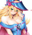  1girl artist_logo bare_shoulders blonde_hair blue_headwear blush breasts brooch cape cleavage closed_mouth dark_magician_girl dress duel_monster eyebrows_visible_through_hair green_eyes hair_between_eyes hand_up hat jewelry large_breasts long_bangs long_hair looking_at_viewer ner0o off-shoulder_dress off_shoulder pentacle pentagram sidelocks simple_background solo upper_body white_background wizard_hat yu-gi-oh! 