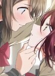  2girls absurdres blue_eyes eye_contact from_side grabbing_another&#039;s_chin green_eyes hand_on_another&#039;s_chin highres imminent_kiss looking_at_another love_live! love_live!_sunshine!! multiple_girls red_hair sakurauchi_riko school_uniform sweatdrop uranohoshi_school_uniform watanabe_you yuchi_(salmon-1000) yuri 