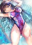  1girl absurdres black_eyes black_hair breasts chain-link_fence cleavage commentary_request competition_swimsuit covered_navel fence highleg highleg_swimsuit highres large_breasts long_hair lying multicolored_clothes multicolored_swimsuit ogata_tei one-piece_swimsuit original shiny shiny_clothes soaking_feet solo swimsuit water 