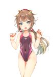  1girl absurdres brown_hair commentary_request competition_swimsuit covered_navel cowboy_shot flat_chest grey_eyes hair_ribbon highleg highleg_swimsuit highres kantai_collection kazagumo_(kancolle) long_hair looking_at_viewer one-piece_swimsuit ponytail purple_swimsuit ribbon simple_background smile solo swimsuit thigh_gap white_background yashin_(yasinz) 