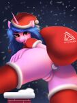  anthro anthrofied bag blue_hair blush butt christmas christmas_clothing christmas_headwear clothing delta_hronum equid equine fingers hair hasbro hat headgear headwear hi_res holidays horn izzy_moonbow_(mlp) long_hair looking_at_viewer looking_back mammal mlp_g5 my_little_pony plug_(sex_toy) purple_body santa_hat sex_toy snow snowing tongue unicorn 