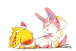  absurd_res ambiguous_gender blush bodily_fluids duo eeveelution eyes_closed feral fur half-closed_eyes hi_res jack-o&#039;_pose jolteon licking looking_at_another narrowed_eyes nintendo pink_body pink_fur pok&eacute;mon pok&eacute;mon_(species) pose ribbons shadow simple_background sylveon tears tongue tongue_out video_games white_background white_body white_fur yellow_body yellow_fur 