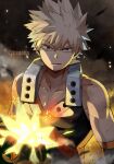  1boy arms_at_sides ashes bakugou_katsuki bangs bare_shoulders biceps black_shirt blonde_hair boku_no_hero_academia collarbone detached_sleeves embers explosion eyebrows_visible_through_hair face fire gloves hand_up highres looking_at_viewer male_focus muscular muscular_male narrowed_eyes neck_brace orange_x parted_lips pectoral_cleavage pectorals pyrokinesis raised_eyebrow red_eyes scowl shirt short_hair skin_tight sleeveless smoke solo sparks spiked_hair tonbanlove twitter_username upper_body v-neck v-shaped_eyebrows vambraces x 