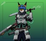  anthro armor blue_hair canid canine culpeo_fox esmerald_eyes gun hair hi_res lycalopex machete male mammal melee_weapon ranged_weapon shotgun weapon wise_(character) 