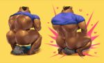  anthro big_butt blush bodily_fluids bottomless brown_body brown_hair butt canid canine canis clothed clothing comic crouching duo facesitting grey_body grey_hair guzreuef hair hi_res male male/male mammal muscular muscular_male partially_clothed shirt simple_background size_difference sweat thick_thighs topwear ursid wolf yellow_background 