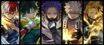  5boys arm_guards bakugou_katsuki bangs belt_collar black_border black_gloves black_jacket black_shirt blonde_hair blue_eyes blue_jumpsuit boku_no_hero_academia border burn_scar cape clenched_hand collar collar_tug column_lineup costume cropped cryokinesis disc_shooter electricity electrokinesis explosion explosive eyebrows_visible_through_hair fingerless_gloves fire freckles full_cowling furrowed_brow gloves green_eyes green_gloves green_hair green_jumpsuit grenade grey_eyes hair_between_eyes harness heterochromia high_collar highres ice jacket jumpsuit kaminari_denki lightning_bolt_symbol long_bangs looking_at_viewer looking_away male_focus mask midoriya_izuku mouth_mask multicolored_hair multiple_boys muscular muscular_male narrowed_eyes neck_brace open_hand parted_bangs pectoral_cleavage pectorals purple_hair pyrokinesis red_eyes red_hair scar scar_across_eye scar_on_face scarf serious shinsou_hitoshi shirt short_hair sideburns skin_tight sleeveless smirk spiked_hair straight_hair streaked_hair todoroki_shouto tonbanlove toned toned_male torn_cape torn_clothes twitter_username two-tone_hair upper_body v-neck v-shaped_eyebrows white_gloves white_shirt yellow_eyes 