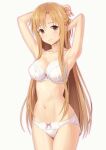  1girl armpits arms_behind_head arms_up asuna_(sao) bangs banned_artist bow bow_bra bow_panties bra braid breasts brown_eyes brown_hair cleavage closed_mouth collarbone commentary_request cowboy_shot legs_together long_hair looking_at_viewer medium_breasts n.g. navel panties pink_bow reward_available simple_background smile solo standing stomach straight_hair sword_art_online underwear underwear_only very_long_hair white_background white_bra white_panties 