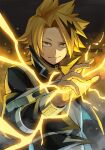  1boy ashes bangs belt_collar black_hair black_jacket blonde_hair boku_no_hero_academia collar disc_shooter electricity electrokinesis embers hand_up high_collar highres jacket kaminari_denki lightning_bolt_symbol long_bangs looking_at_viewer male_focus multicolored_hair parted_bangs raised_eyebrow shirt short_hair smirk smoke solo spiked_hair streaked_hair tonbanlove twitter_username upper_body white_shirt yellow_eyes 