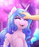  absurd_res ambiguous_gender blue_hair blue_tail cutie_mark equid equine eyelashes eyes_closed female female/ambiguous feral hair happy hasbro hi_res horn human izzy_moonbow_(mlp) long_hair mammal mlp_g5 my_little_pony open_mouth open_smile petting purple_body rivin177 signature smile unicorn unicorn_horn 