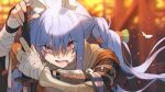  animal_ear_fluff animal_ears arm_wrap blue_hair blurry blurry_background braid carrot_hair_ornament commentary_request cosplay eyebrows_visible_through_hair food-themed_hair_ornament hair_ornament highres hololive joker_(tomakin524) katana long_hair looking_at_viewer open_mouth planted planted_sword prosthesis prosthetic_arm rabbit_ears red_eyes scratches sekiro sekiro:_shadows_die_twice sekiro_(cosplay) sweat sword twin_braids usada_pekora virtual_youtuber weapon 