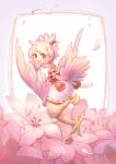  1girl artist_name bird_legs bird_tail facial_mark feathered_wings flower from_behind hair_flower hair_ornament harpy highres iimia looking_at_viewer looking_back monster_girl open_mouth original pink_eyes pink_feathers pink_flower pink_hair pink_wings rope shimenawa short_hair solo tail tail_feathers talons winged_arms wings 