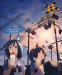  2girls animal_ears ashinowoto black_hair blue_eyes brown_hair crepe eishin_flash_(umamusume) food highres holding holding_food horse_ears house looking_at_viewer medium_hair multiple_girls open_mouth outdoors purple_shirt railroad_crossing railroad_signal sailor_collar school_uniform shirt short_sleeves smart_falcon_(umamusume) smile sweat tracen_school_uniform twintails umamusume upper_body yellow_eyes 